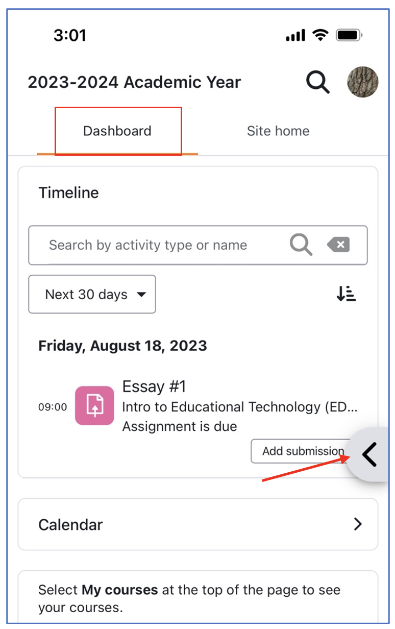 Moodle mobile app Dashboard with timeline